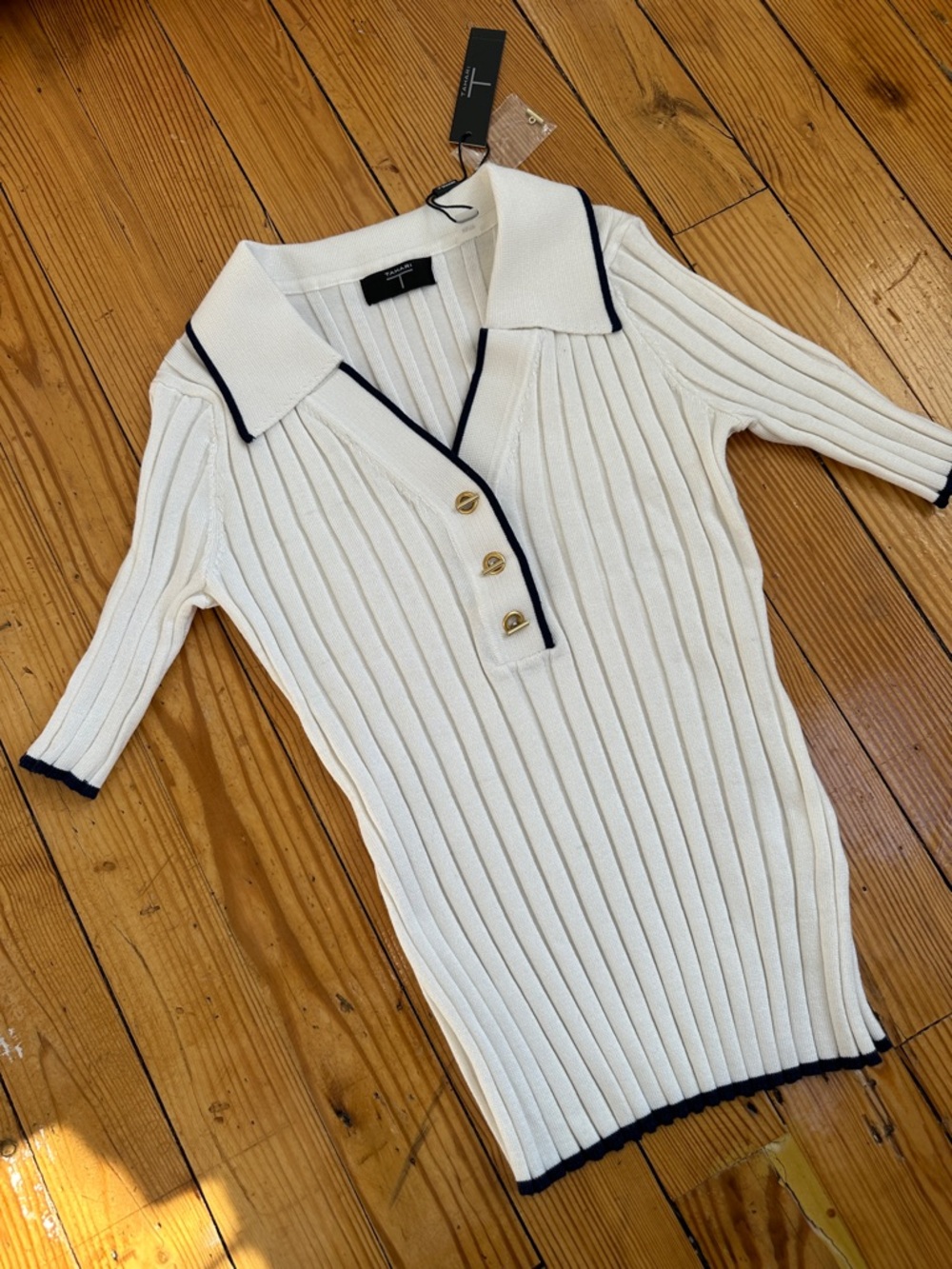 Tahari XS Cream Polo Knit sweater Nautical NWT